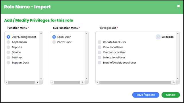 Add Privilege screen with Function Menus, Sub-function Menus & Privileges List- CyLock